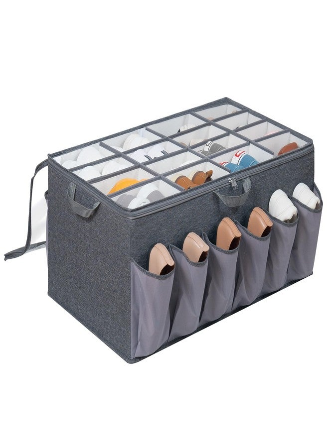 STORAGEIDEAS Shoe Organizer for Closet, Shoe Storage Solution with Clear Cover & Adjustable Dividers, Fabric Shoe Box Fits 16 +12 Pairs Shoes, Grey, 1-Pack - Image 1