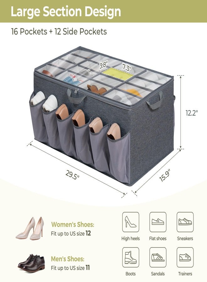 STORAGEIDEAS Shoe Organizer for Closet, Shoe Storage Solution with Clear Cover & Adjustable Dividers, Fabric Shoe Box Fits 16 +12 Pairs Shoes, Grey, 1-Pack - Image 2