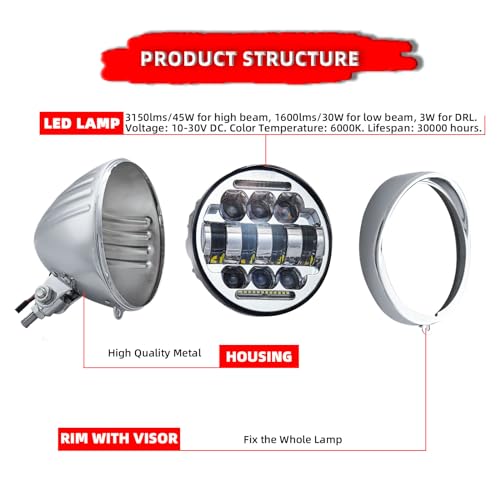 FATECIM 5.75" Round Motorcycle LED Headlight with Visor 5 3/4 Inch Motorbike Hi/Lo Beam DRL Headlamp Bottom Mount Heavy Duty for Harley Kawasaki Honda Yamaha Suzuki Chopper Cafe Racer Bobber Chrome - Image 3