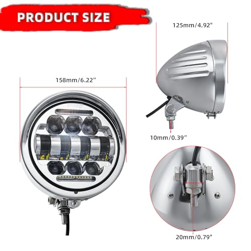 FATECIM 5.75" Round Motorcycle LED Headlight with Visor 5 3/4 Inch Motorbike Hi/Lo Beam DRL Headlamp Bottom Mount Heavy Duty for Harley Kawasaki Honda Yamaha Suzuki Chopper Cafe Racer Bobber Chrome - Image 5
