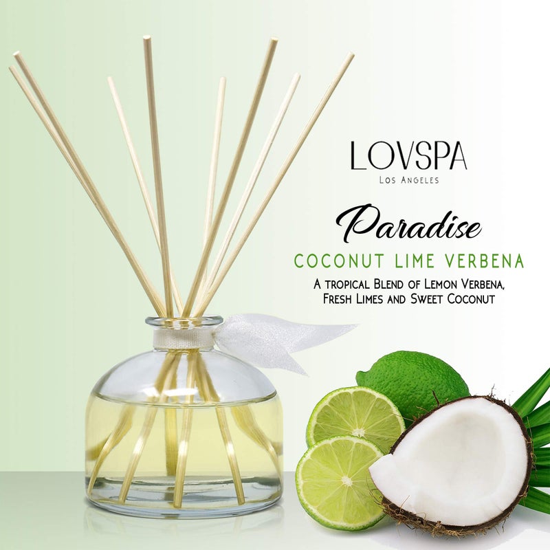 LOVSPA Reed Diffuser Set, Paradise Coconut Lime Verbena Scented Oil Diffuser with Sticks, Home Fragrance Accessories for Bathroom Shelf Decor, Aroma Diffusers for Home or Office Desk, USA Made - Image 2