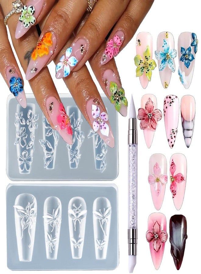 HYWWPFLAY Hibiscus Silicone Nail Molds, 2PCS Flower Burtterfly Nail Charm Mold with Carving Pen, Resin Modeling Templates, 3d Gel Nail Art Sculpture Decoration for Women DIY Manicure Supplies - Image 1