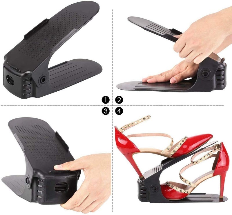 FYCAN FYCAN Shoe Holder Plastic Double Deck Space Saving Rack Stand for Closet Organization Folding Slots Adjustable Organizer for Sandals Slipper Heels Flip Flops 6 Black - Image 2