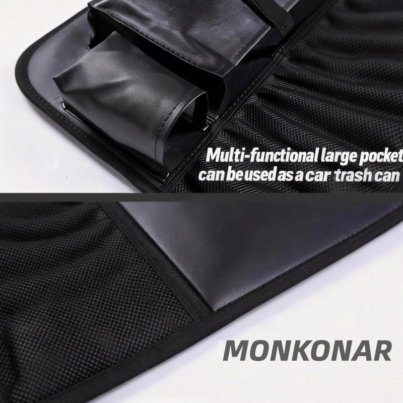 MONKONAR 2PACK Leather Car Backseat Organizer with Tablet Holder - 9 Large Storage Pockets, Foldable Food Tray & Anti-Scratch Kick Mats - Universal Car Seat Protector for Kids, Pets & Travel Accessories - Image 3