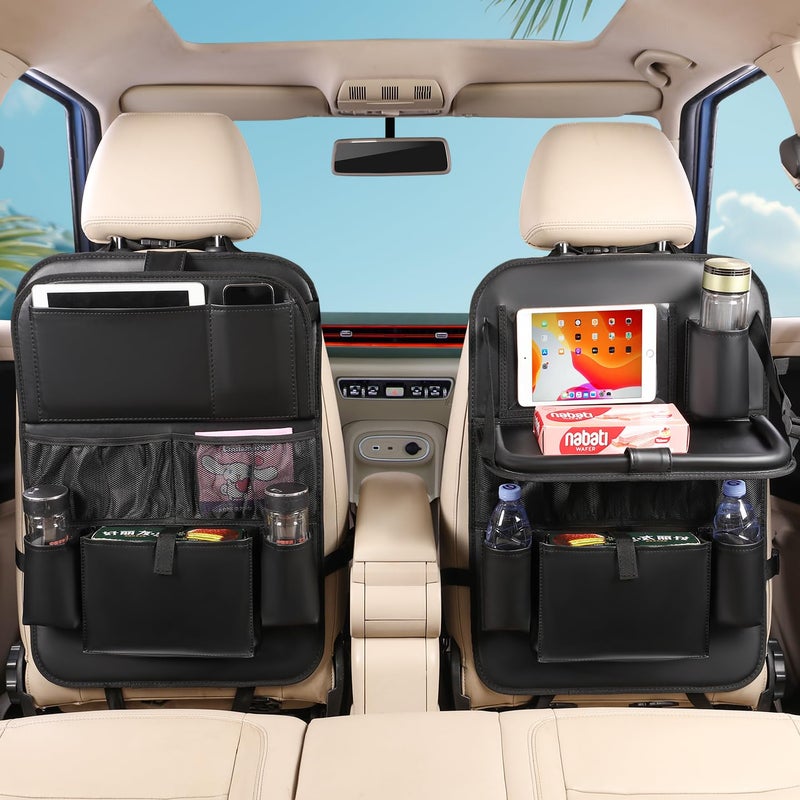 MONKONAR 2PACK Leather Car Backseat Organizer with Tablet Holder - 9 Large Storage Pockets, Foldable Food Tray & Anti-Scratch Kick Mats - Universal Car Seat Protector for Kids, Pets & Travel Accessories - Image 2