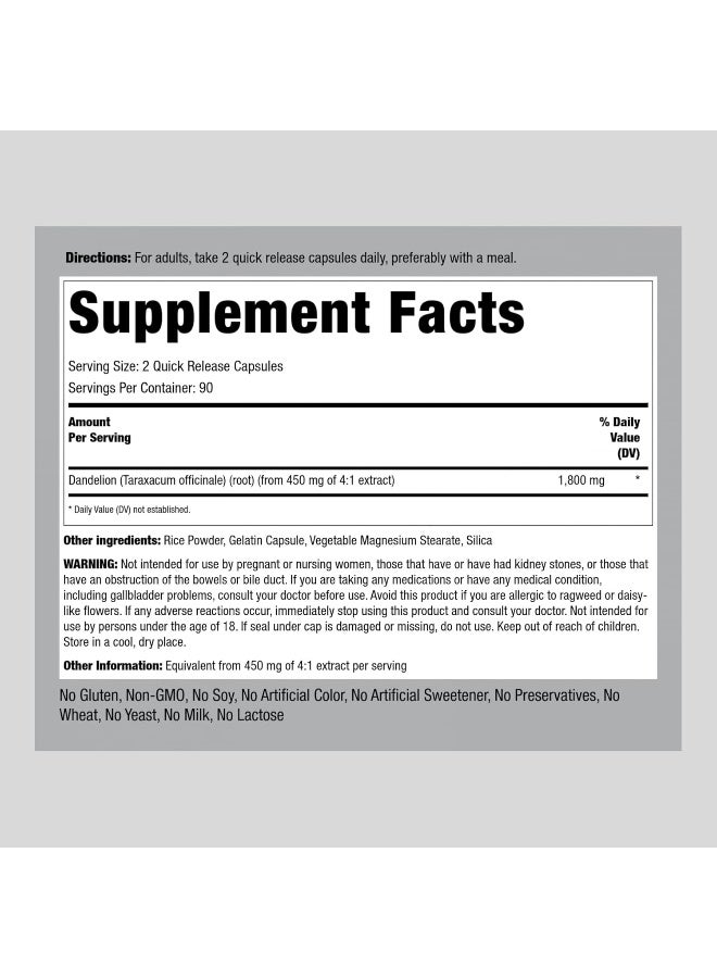 Dandelion Root Herbal Supplement | 1800Mg Capsules | 180 Count | Concentrated Extract | Gluten Free, Non-Gmo