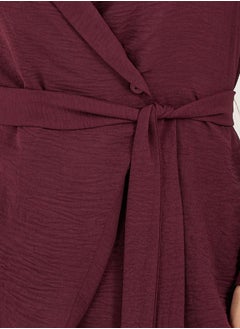 Styli Burgundy Solid Wrap Belted Blouse  - Image 3