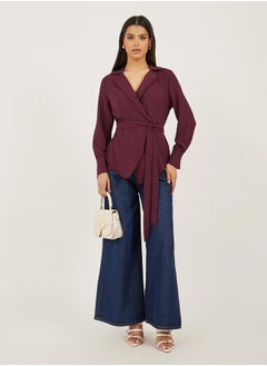 Styli Burgundy Solid Wrap Belted Blouse  - Image 2