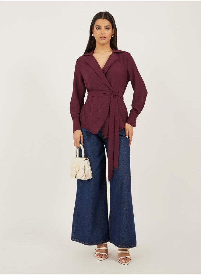 Styli Burgundy Solid Wrap Belted Blouse  - Image 2