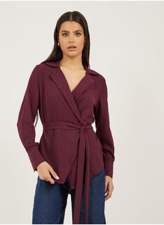 Styli Burgundy Solid Wrap Belted Blouse  - Image 1