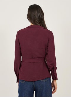 Styli Burgundy Solid Wrap Belted Blouse  - Image 4