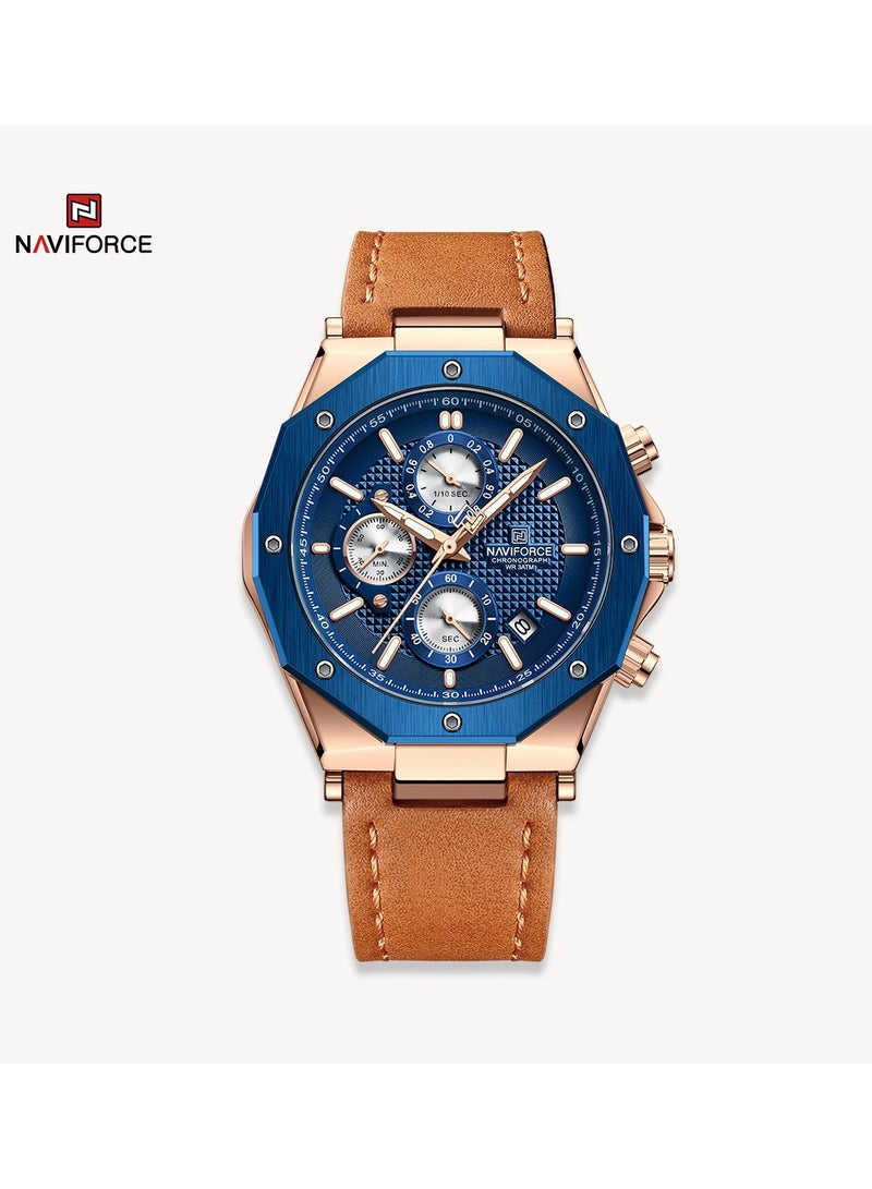 NAVIFORCE Men's Chronograph Sports Watch Blue Dial Rose Gold Bezel Leather Strap Water Resistant  - Image 1