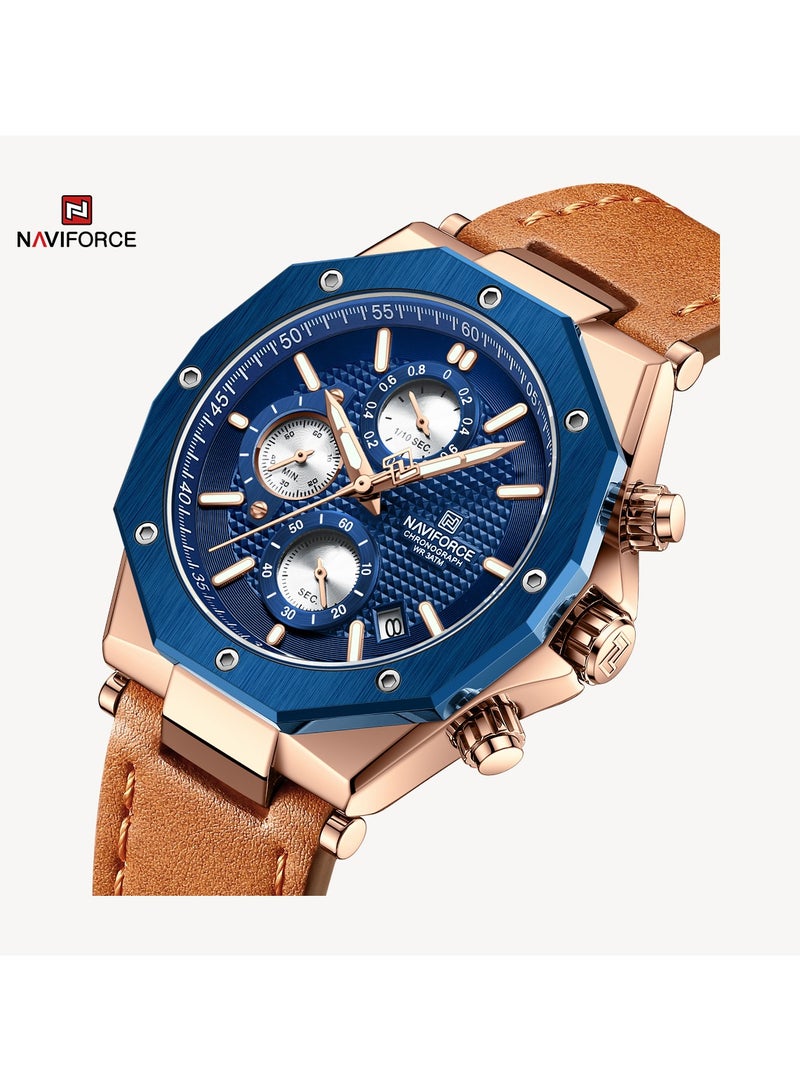 NAVIFORCE Men's Chronograph Sports Watch Blue Dial Rose Gold Bezel Leather Strap Water Resistant  - Image 2