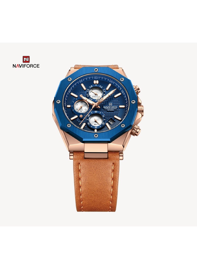 NAVIFORCE Men's Chronograph Sports Watch Blue Dial Rose Gold Bezel Leather Strap Water Resistant  - Image 3
