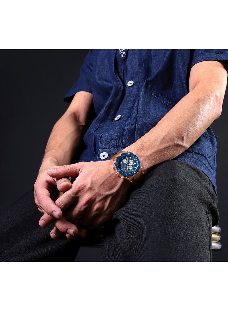 NAVIFORCE Men's Chronograph Sports Watch Blue Dial Rose Gold Bezel Leather Strap Water Resistant  - Image 4