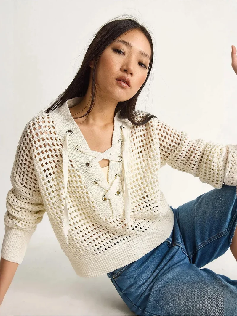 Bianco Lucci Ivory Natural LUCCI Hooded Knit Sweater for Women | Best Price UAE