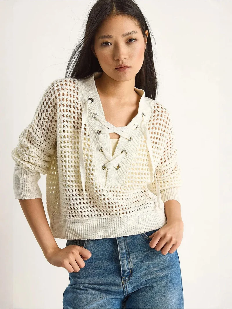 Bianco Lucci Ivory Natural LUCCI Hooded Knit Sweater for Women | Best Price UAE