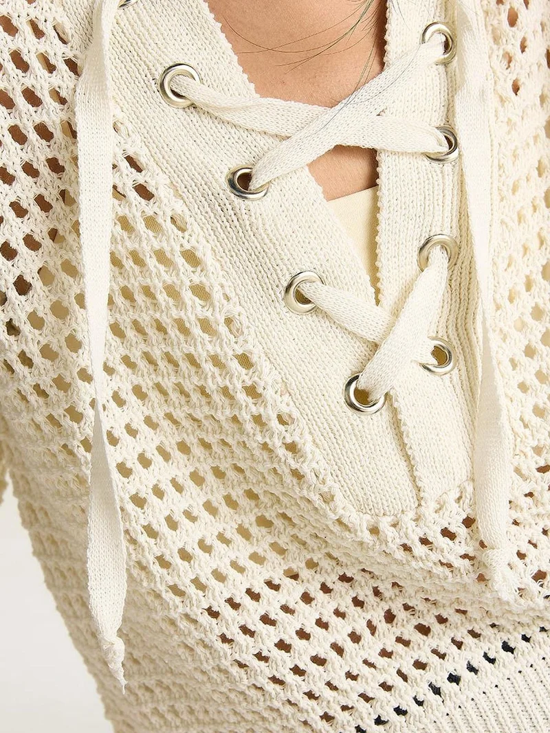 Bianco Lucci Ivory Natural LUCCI Hooded Knit Sweater for Women | Best Price UAE