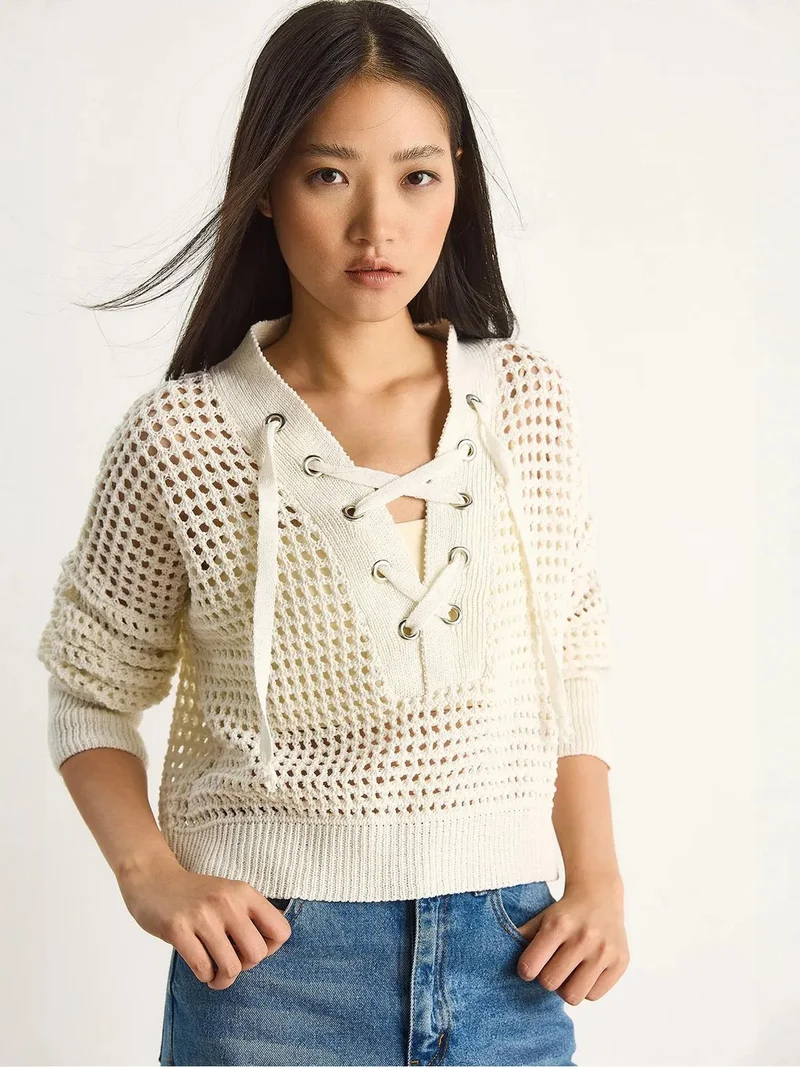Bianco Lucci Ivory Natural LUCCI Hooded Knit Sweater for Women | Best Price UAE