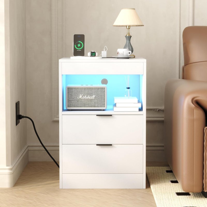 YUSONG LED Nightstand Bedside Table with Charging Station 2 Drawers, White Modern Sofa Couch End Side Table with Lights and Pull-Out Shelf for Bedroom Living Room, Wooden - Image 3