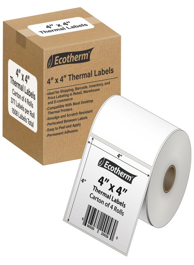 Ecotherm ملصقات حرارية 4 بوصات × 4 بوصات | 4 لفات | 1508 ملصقًا | متوافقة مع طابعات الملصقات الحرارية من زيبرا، مونبين، رولو، جودكس، أركسكان، آي دي بي آر تي، أوفنوفا، وغيرها | ملصقات لاصقة بيضاء فارغة من إيكوثيرم - Image 1