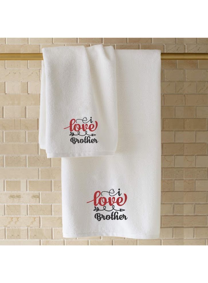 Embroidered For You (White) Luxury (I Love U Brother) Personalized Hand Towel (50 x 80 Cm-Set of 1) 100% Cotton, Highly Absorbent and Quick dry Bath Linen-600 Gsm