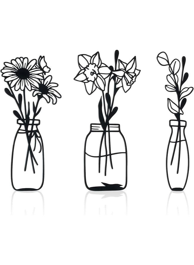 The Bros 3 Piece Metal Flowers and Vases Wall Decoration Minimalist Art Wall Sculpture Daffodils Chrysanthemum Eucalyptus Leaf Iron Decorative Floral for Living Room or Kitchen (Style 1, Black) - Image 1