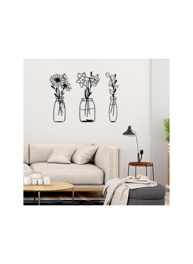 The Bros 3 Piece Metal Flowers and Vases Wall Decoration Minimalist Art Wall Sculpture Daffodils Chrysanthemum Eucalyptus Leaf Iron Decorative Floral for Living Room or Kitchen (Style 1, Black) - Image 2