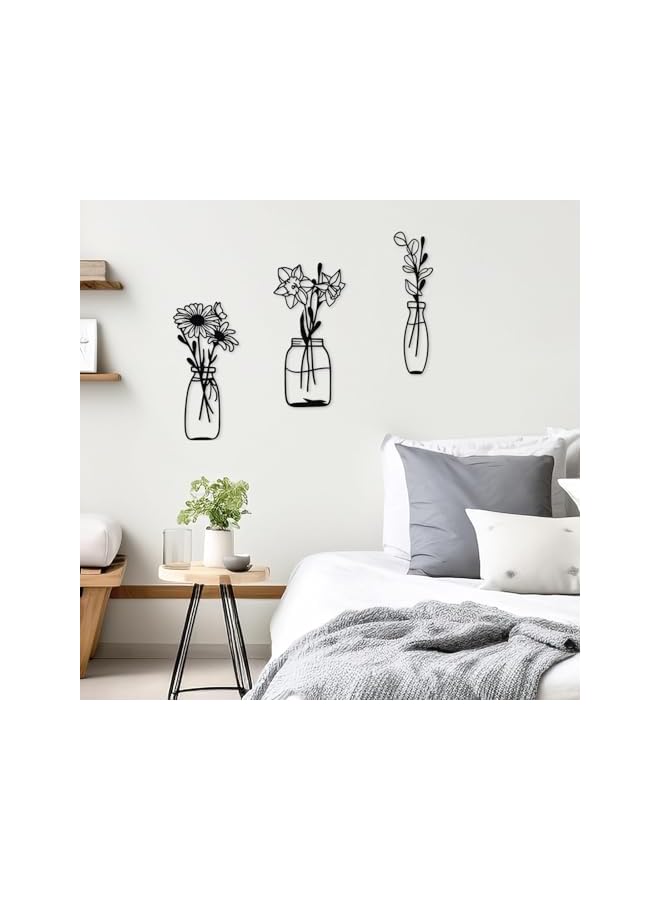 The Bros 3 Piece Metal Flowers and Vases Wall Decoration Minimalist Art Wall Sculpture Daffodils Chrysanthemum Eucalyptus Leaf Iron Decorative Floral for Living Room or Kitchen (Style 1, Black) - Image 5
