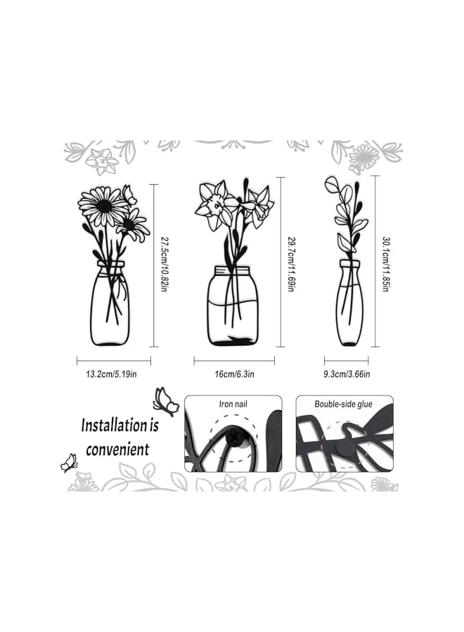 The Bros 3 Piece Metal Flowers and Vases Wall Decoration Minimalist Art Wall Sculpture Daffodils Chrysanthemum Eucalyptus Leaf Iron Decorative Floral for Living Room or Kitchen (Style 1, Black) - Image 3