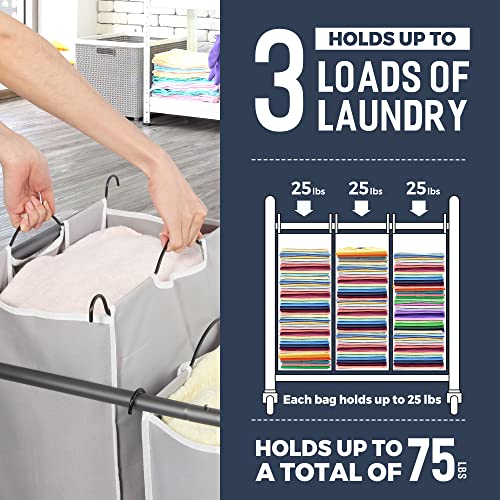 STO STO Laundry Sorter 3 Section, 3 Bag Clothes Hamper, Rolling Laundry Cart Basket with Heavy Duty Lockable Wheels and Removable Bag for Laundry Room, Bedroom, Closet, Gray - Image 4