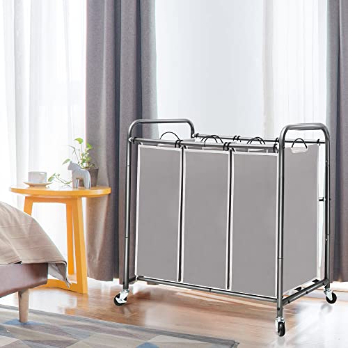 STO STO Laundry Sorter 3 Section, 3 Bag Clothes Hamper, Rolling Laundry Cart Basket with Heavy Duty Lockable Wheels and Removable Bag for Laundry Room, Bedroom, Closet, Gray - Image 2