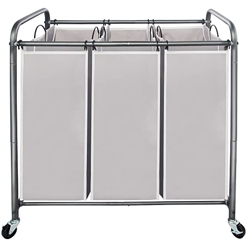 STO STO Laundry Sorter 3 Section, 3 Bag Clothes Hamper, Rolling Laundry Cart Basket with Heavy Duty Lockable Wheels and Removable Bag for Laundry Room, Bedroom, Closet, Gray - Image 1