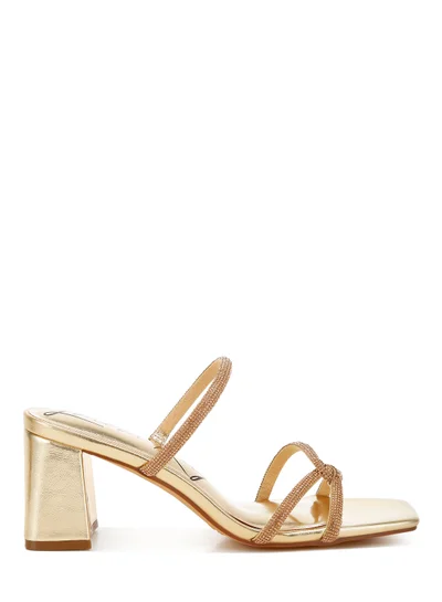 London Rag Rhinestone Block Heel Sandals in Gold