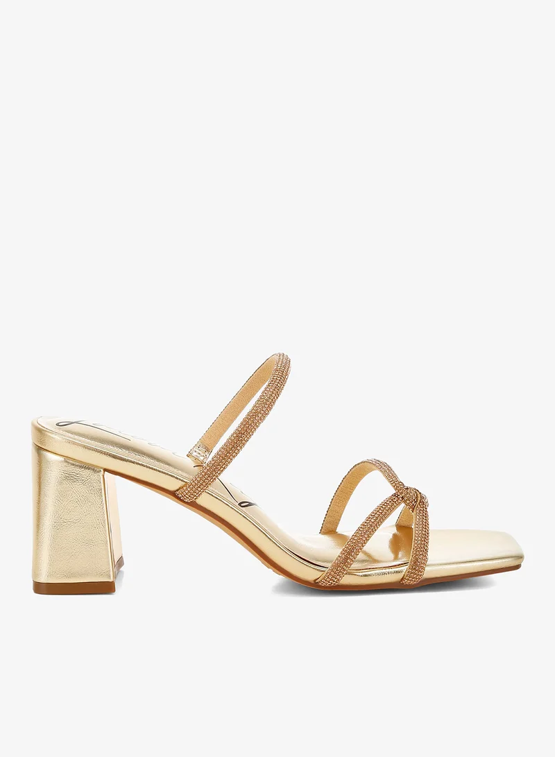 Block Heel Sandals with Rhinestone Straps in Gold