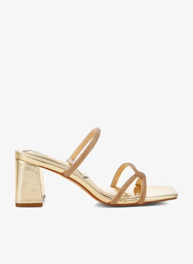 Block Heel Sandals with Rhinestone Straps in Gold