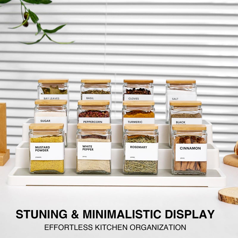 MUVEKA Glass Spice Jars with Bamboo Lid, 4oz Square Spice Containers for Pantry Organization, Seasoning Bottles with Labels, Spoons, Funnel for Salt Sugar - Image 2