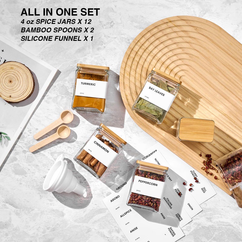 MUVEKA Glass Spice Jars with Bamboo Lid, 4oz Square Spice Containers for Pantry Organization, Seasoning Bottles with Labels, Spoons, Funnel for Salt Sugar - Image 3