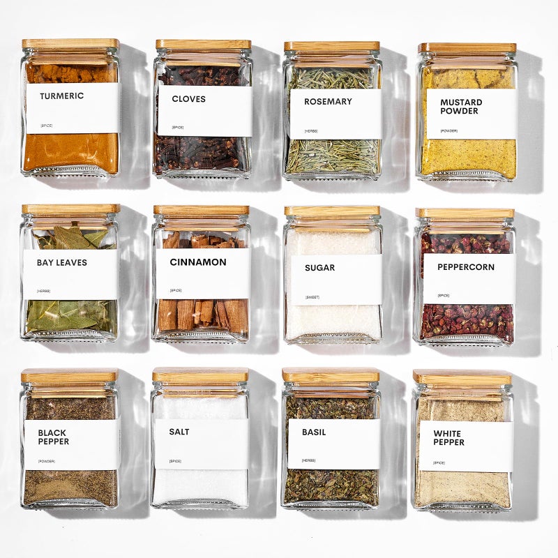 MUVEKA Glass Spice Jars with Bamboo Lid, 4oz Square Spice Containers for Pantry Organization, Seasoning Bottles with Labels, Spoons, Funnel for Salt Sugar - Image 1