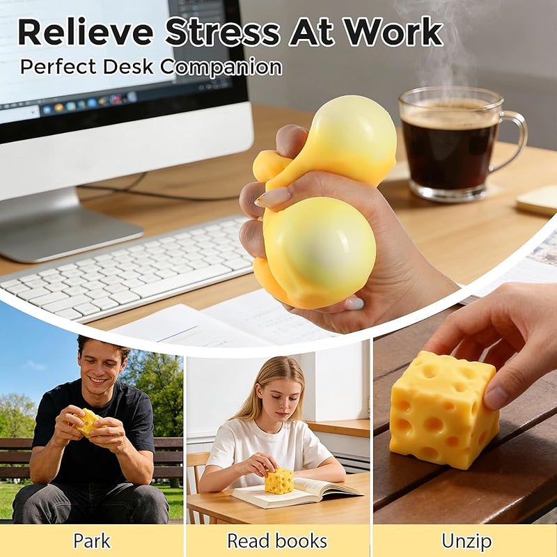 Cheese Squishy Cube Block, Squishy Fidget Toys for Adults & Teens, Easter Basket Stocking Stuffers, Sensory Stress Ball Squeeze Toys for Stress Relief (Yellow 2.4 in) - Image 5