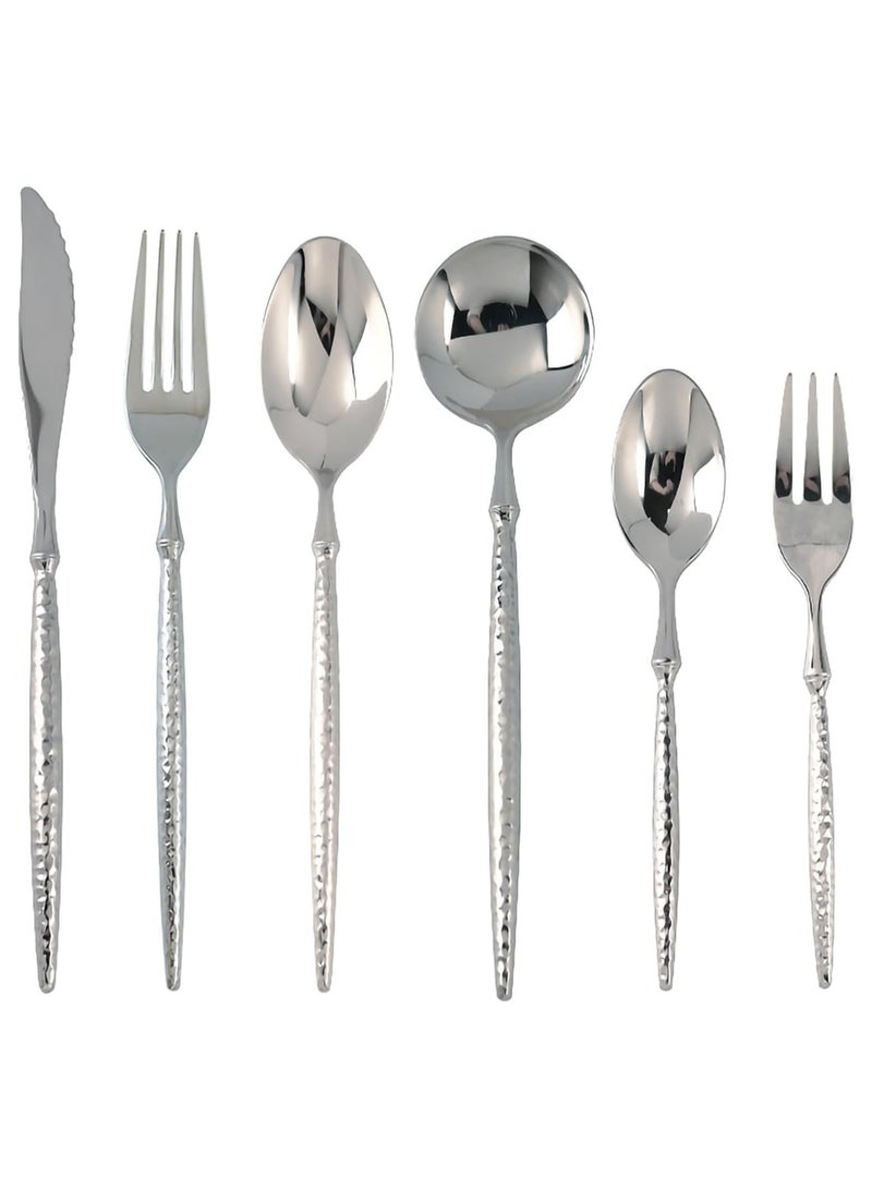 Hammered Silverware Set, 6-Piece Modern Flatware Set Service for 4, Matte Stainless Steel Cutlery Set Utensil Set Tableware, Kitchen Knives Forks Spoons Set, Dishwasher Safe - Image 1