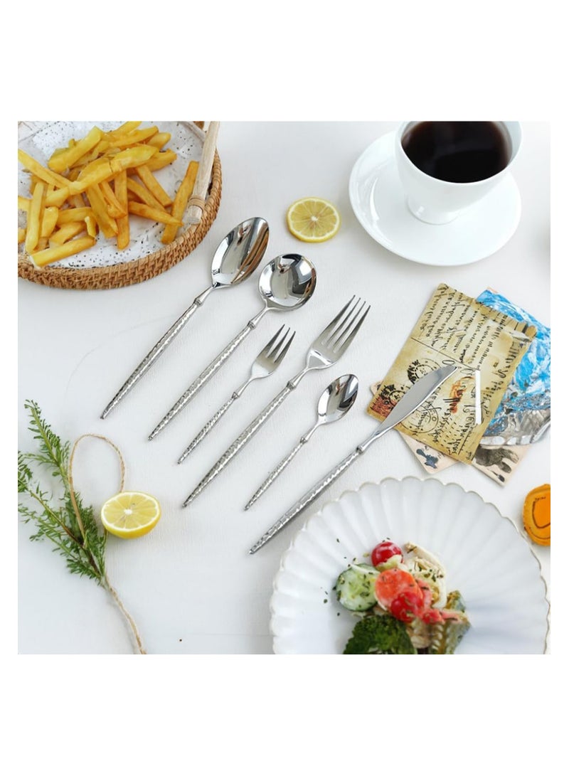 Hammered Silverware Set, 6-Piece Modern Flatware Set Service for 4, Matte Stainless Steel Cutlery Set Utensil Set Tableware, Kitchen Knives Forks Spoons Set, Dishwasher Safe - Image 2