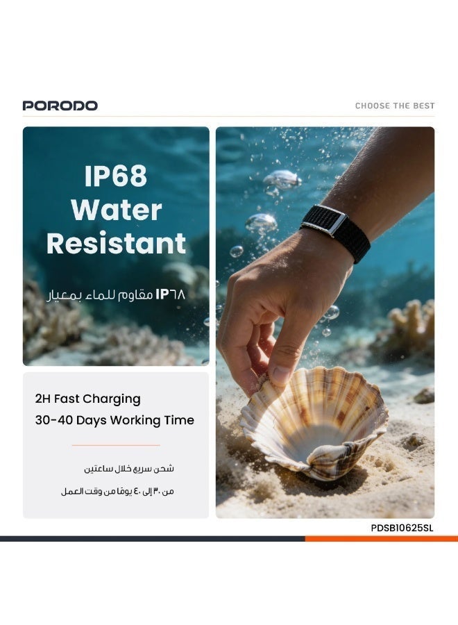 porodo Track Fit Smart Band with IP68 Water-Resistant, 30-Day Battery, Heart Rate & Blood Oxygen, 128 Sports Modes, Stress & Weather Monitor – Silver - Image 2