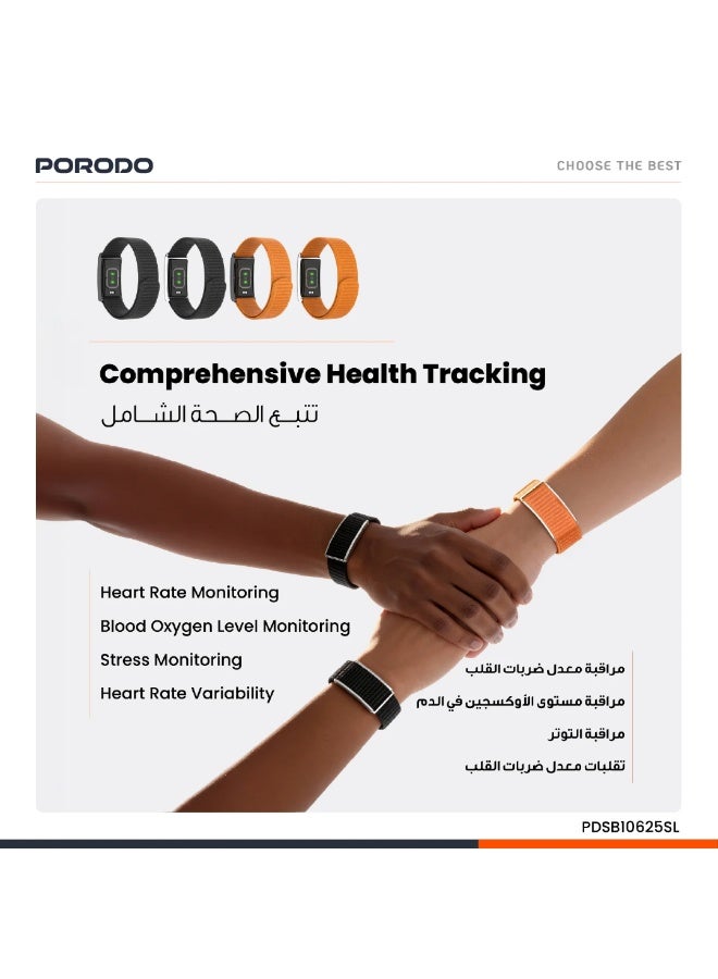 porodo Track Fit Smart Band with IP68 Water-Resistant, 30-Day Battery, Heart Rate & Blood Oxygen, 128 Sports Modes, Stress & Weather Monitor – Silver - Image 3