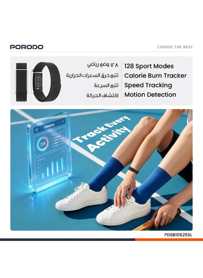 porodo Track Fit Smart Band with IP68 Water-Resistant, 30-Day Battery, Heart Rate & Blood Oxygen, 128 Sports Modes, Stress & Weather Monitor – Silver - Image 4