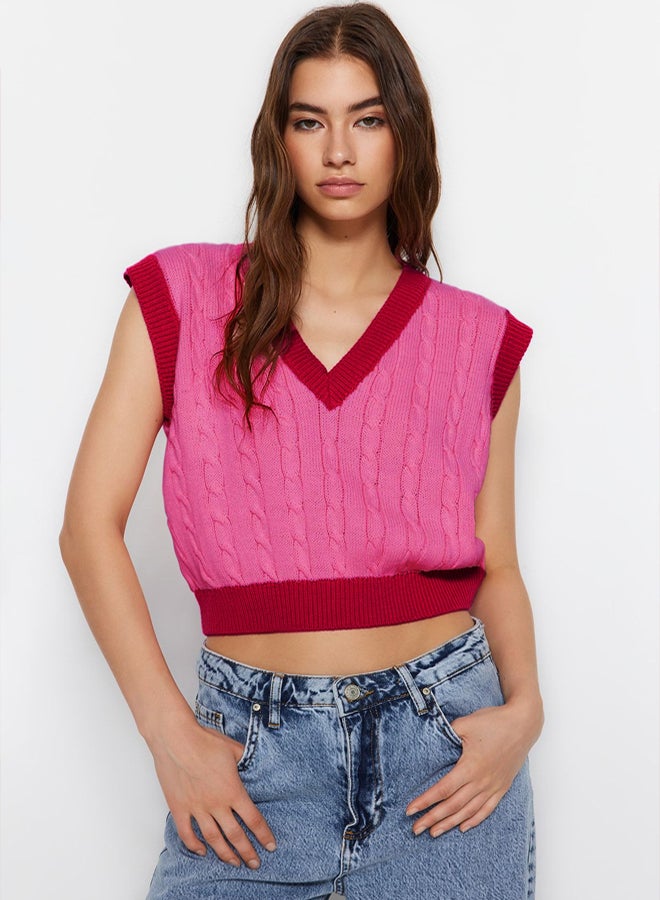 trendyol Pink Crop V-Neck Knitwear Sweater TWOAW22BZ0060 - Image 2