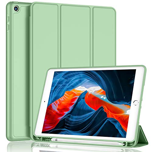 iMieet iPad 9th Generation Case 2021/iPad 8th Generation Case 2020 10.2 Inch with Pencil Holder, iPad 7th Gen 2019 Case with Soft Baby Skin Silicone Back, Auto Wake/Sleep Cover (Matcha Green) - Image 1