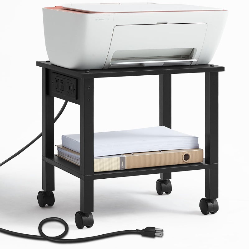 YUFAM 2 Tier Under Desk Printer Stand with Storage, Small Printer Table with Charging Station, Rolling Printer Cart Shelf with Lockable Wheels for Home, Office (Black) - Image 1