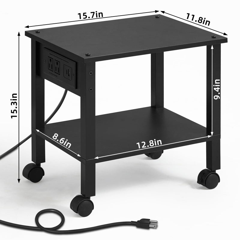 YUFAM 2 Tier Under Desk Printer Stand with Storage, Small Printer Table with Charging Station, Rolling Printer Cart Shelf with Lockable Wheels for Home, Office (Black) - Image 3