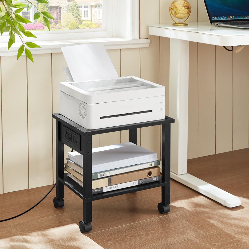 YUFAM 2 Tier Under Desk Printer Stand with Storage, Small Printer Table with Charging Station, Rolling Printer Cart Shelf with Lockable Wheels for Home, Office (Black) - Image 2